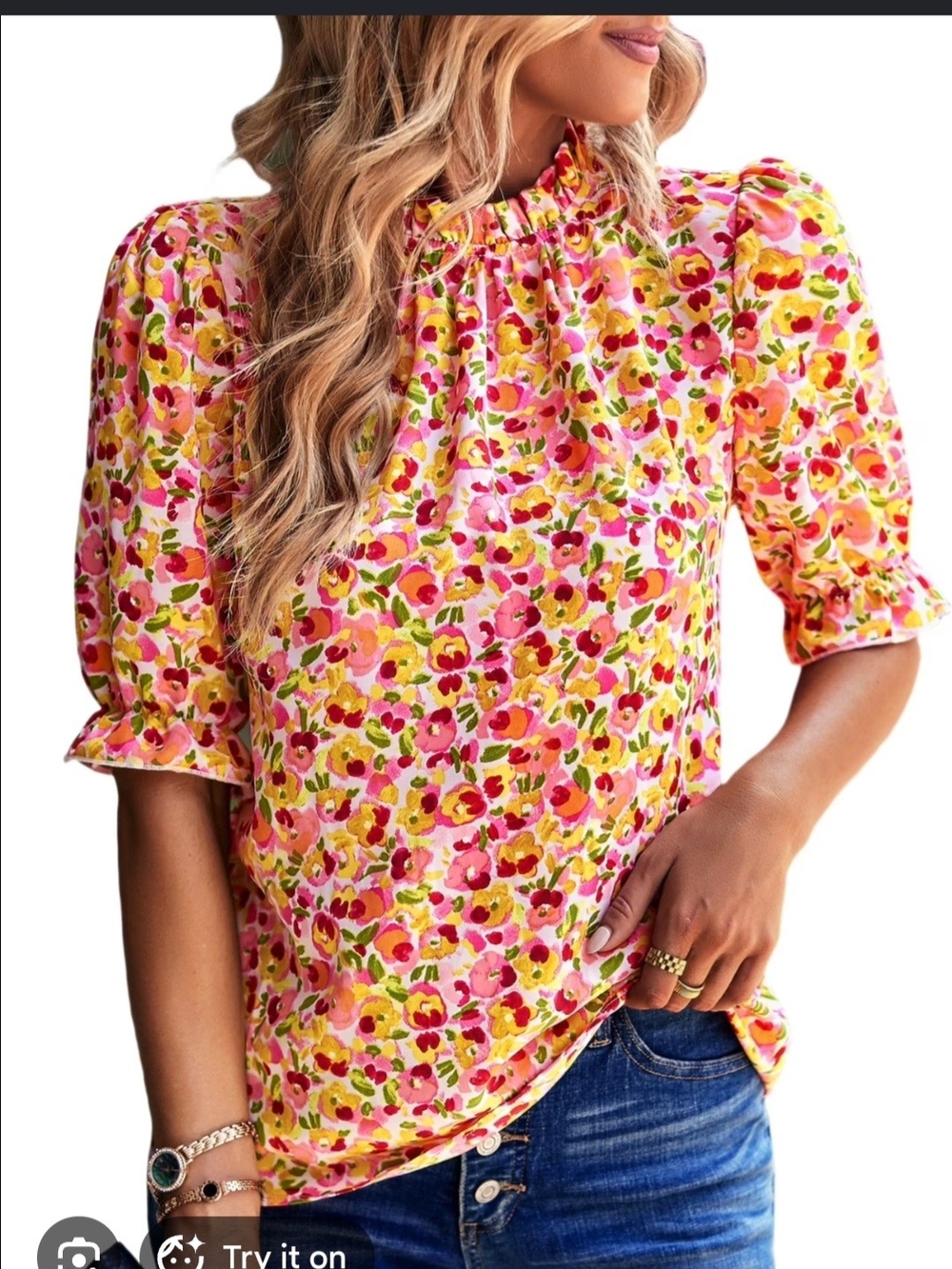 BTFBM WOMEN'S Ruffled Neck Floral Puff-Sleeve Blouse - Floral Size Small